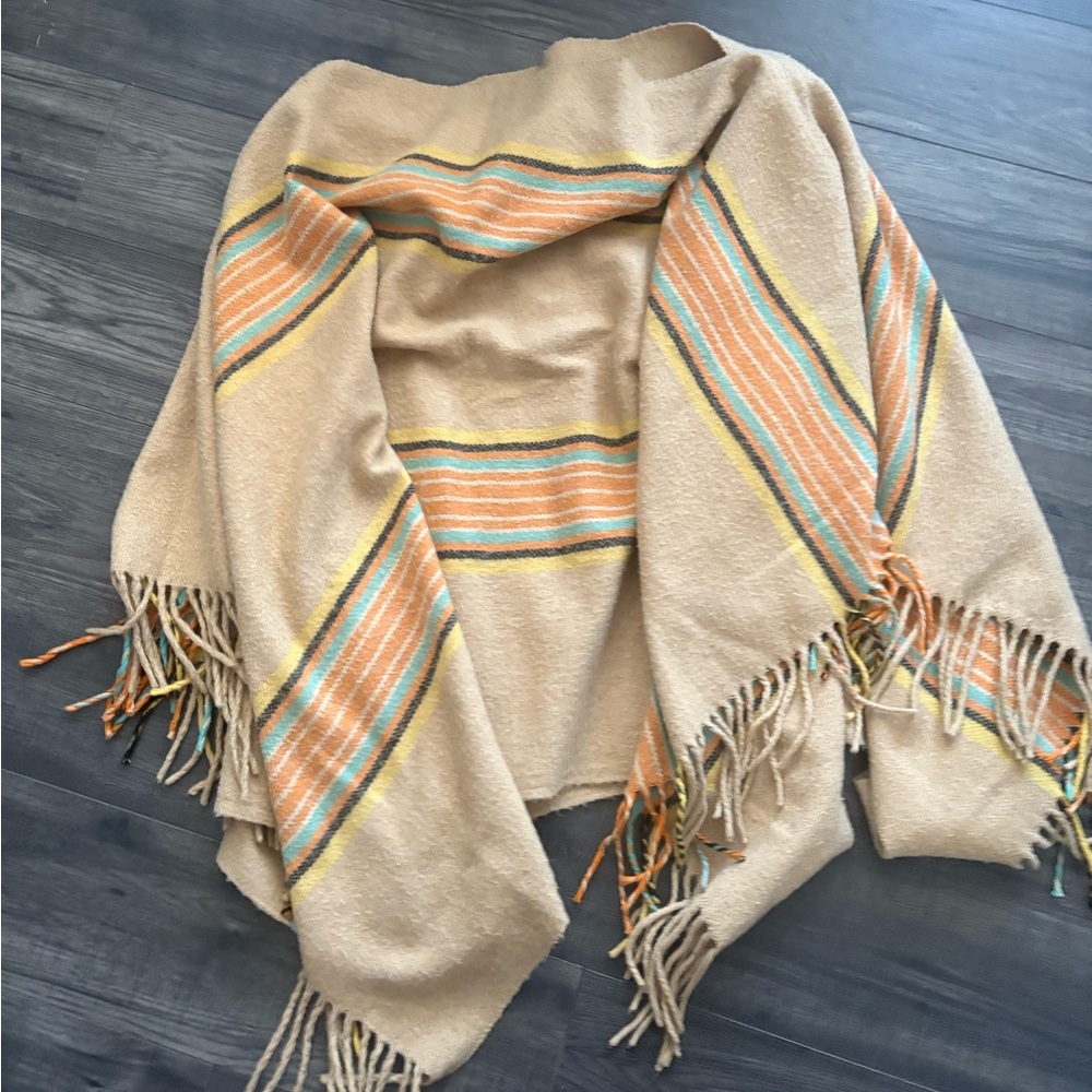 Striped Fringe Shawl Poncho